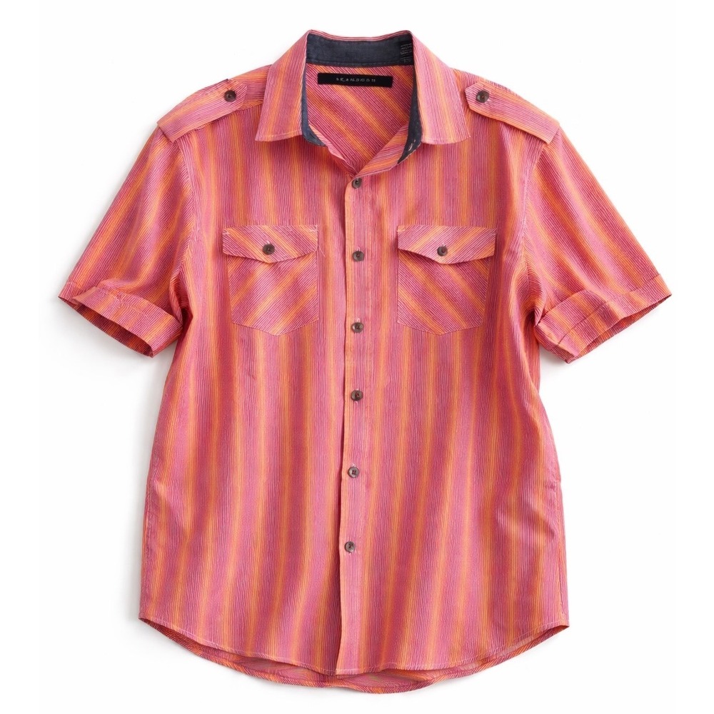 Sean John Mens‎ Pink Orange Striped Short Sleeve Button Down Shirt Epaulettes
